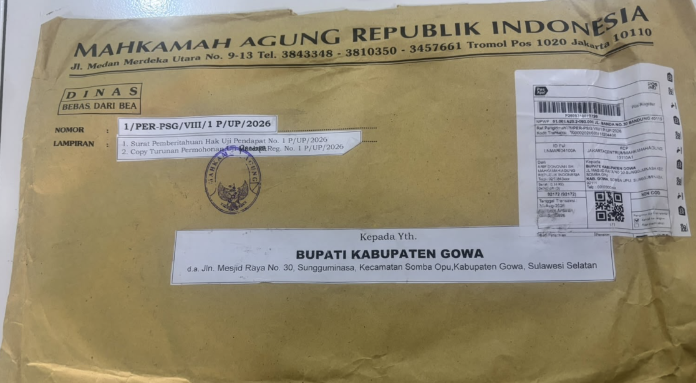 Bupati Gowa Duga Ada Sabotase Surat Dari MA, Pos Indonesia Minta Maaf