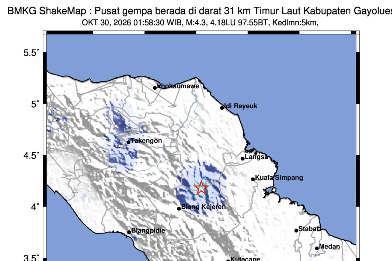 Gempa Magnitudo 4,3 Guncang Gayo Lues Aceh Dini Hari, Getaran Terasa hingga Takengon