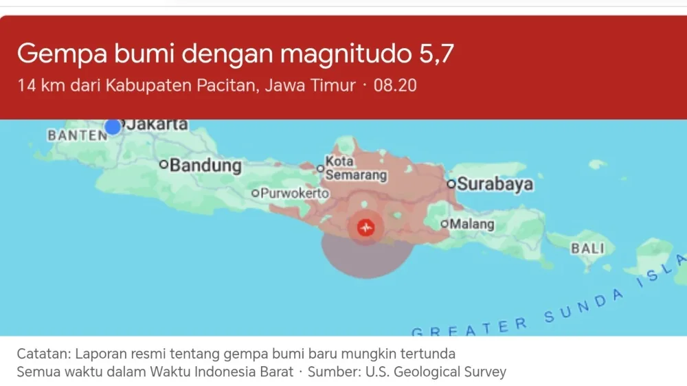 Gempa 5,7 Magnitudo di Pacitan, Getaran Sampai ke Bali