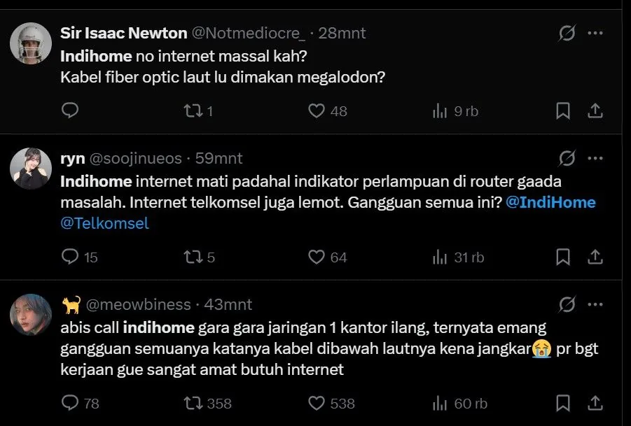 Keluhan warga di X tentang internet Indihome yang diduga gangguan massal.