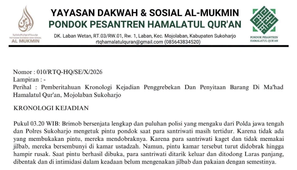 Penggerebekan Ponpes Sukoharjo Jadi Sorotan, Begini Kronologi Versi Pihak Pesantren
