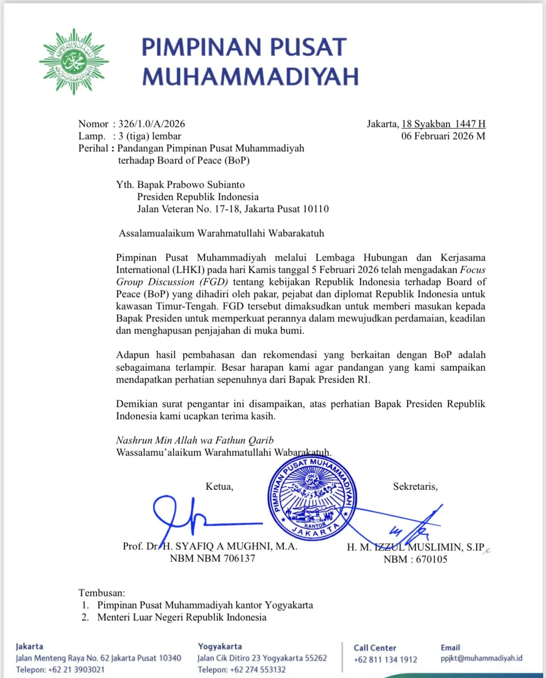 Surat Muhammadiyah soal BOP untuk Prabowo Subianto. Foto: Istimewa