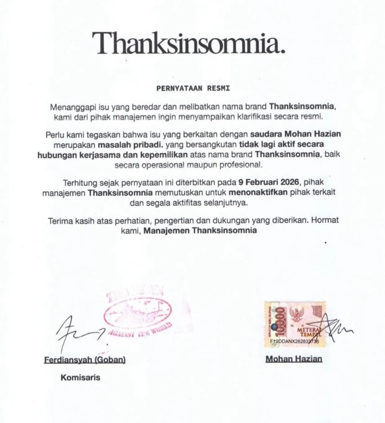 Surat pernyataan Thanksinsomnia terkait Mohan Hazian