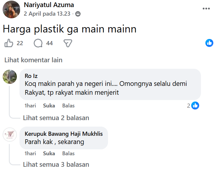 Tangkapan layar keluhan di grup pedagang kerupuk di Facebook.
