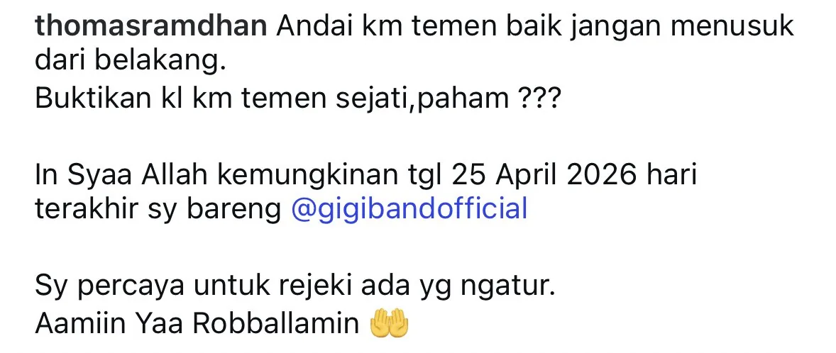 Unggahan Thomas Ramdhan di akun media sosial miliknya